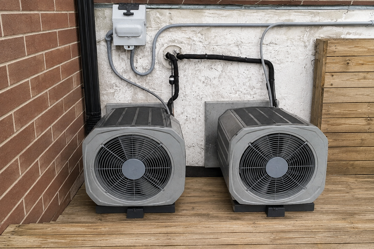 Two outdoor HVAC units installed by Prime Flow Solutions